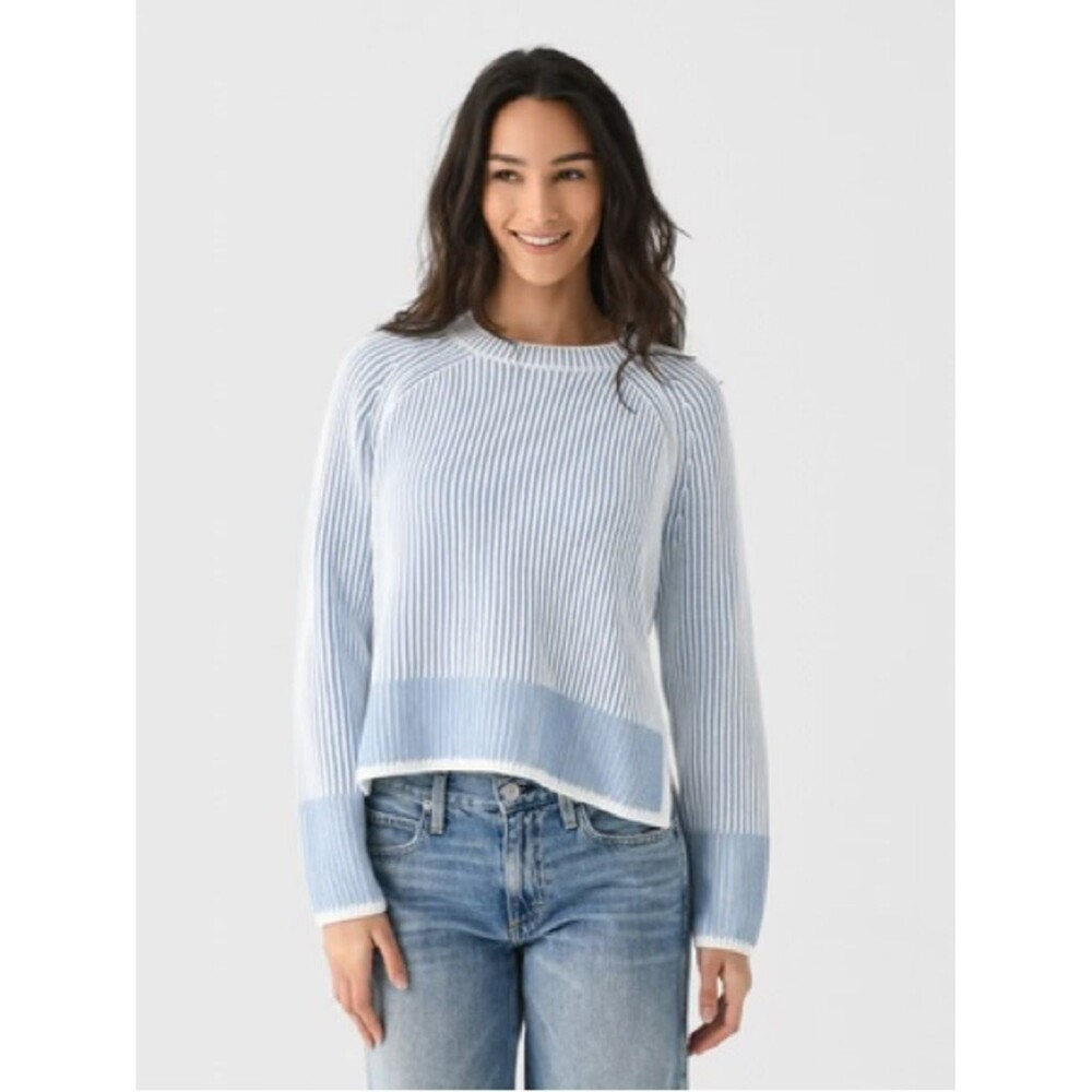 J. Society Light Blue Ribbed Crewneck Sweater with Contrast Hem